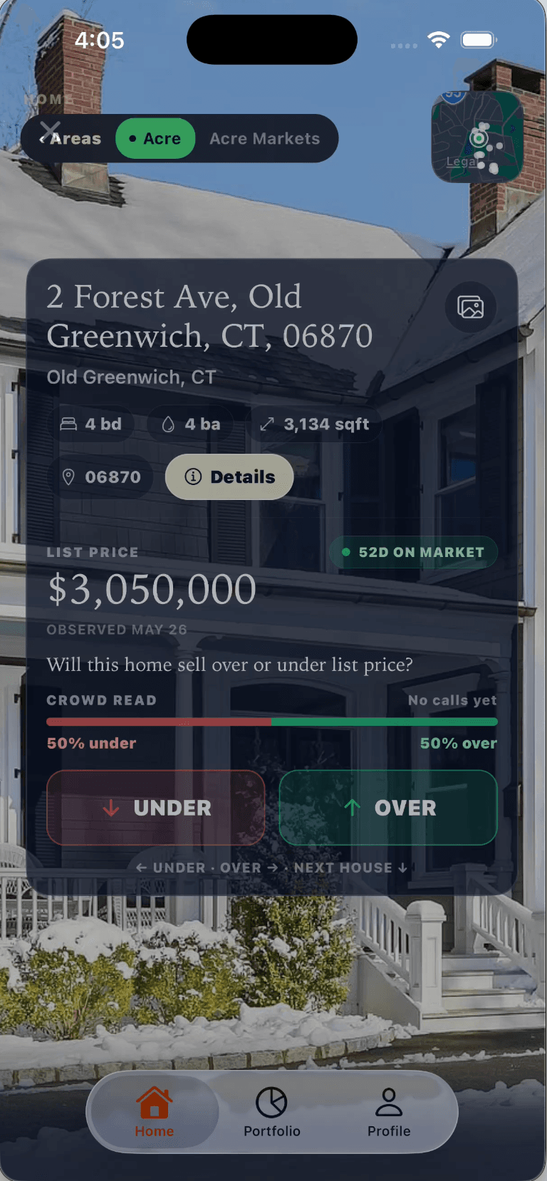 Acre Predict mobile screen showing a home prediction market
